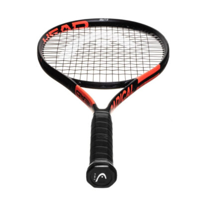 View from the butt cap of black and orange tennis racquet from HEAD. Black strings with white HEAD logo and black grip. HEAD Ti. Radical Elite.