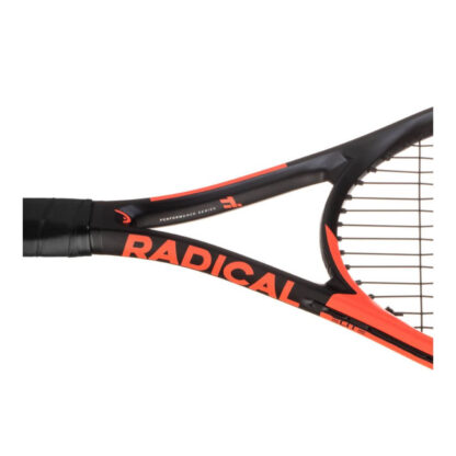 Throat view of black and orange tennis racquet from HEAD. Black strings and black grip. Radical Elite in orange and black writing on the side of the throat. Ti in orange writing on the inside of the throat. HEAD Ti. Radical Elite.