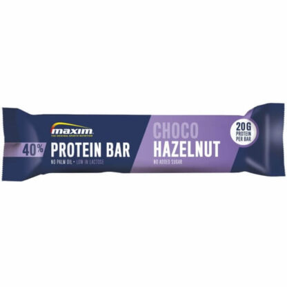 Blue and light blue Maxim protein bar with a taste of choco hazelnut.