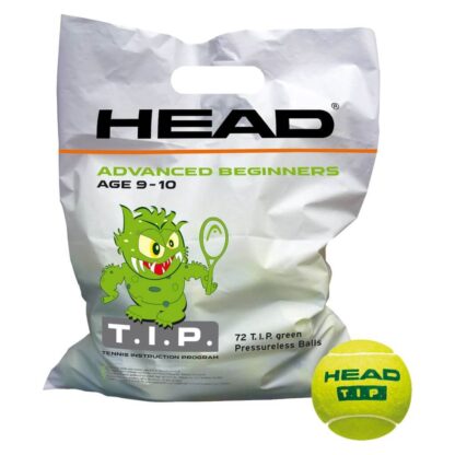 White HEAD bag with 72 HEAD T.I.P. Green Trainer tennis balls. Tiny friendly monster on the front of the bag.