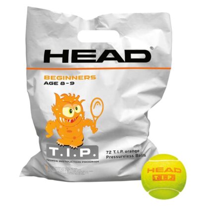 White HEAD bag with 72 HEAD T.I.P. Orange Trainer tennis balls. Tiny friendly monster on the front of the bag.
