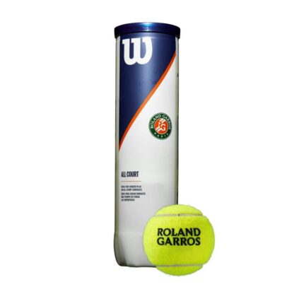 Tube with 4 tennis balls - White blue and orange details alongside a Roland Garros Logo. With Wilson tennis ball with Roland Garros in black writing. Wilson Roland Garros Tennis balls all court.