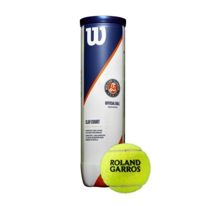 Tube with 4 tennis balls - White blue and orange details alongside a Roland Garros Logo. With Wilson tennis ball with Roland Garros in black writing. Wilson Roland Garros Tennis balls clay.