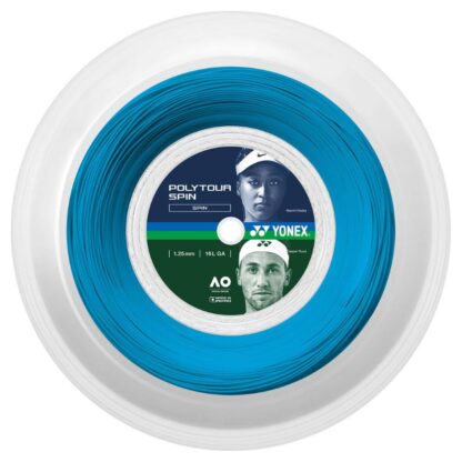 200m reel of Yonex Polytour Spin 125 string in cobalt blue colour.