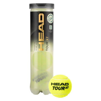 Tube with 4 tennis balls. With black and gold with HEAD Tour XT written in gold writing. With ball by the side. HEAD Tour XT ball.