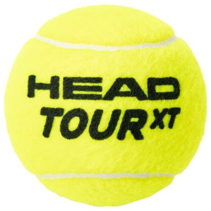 Tennis ball from HEAD with HEAD Tour XT written in black writing on the ball.