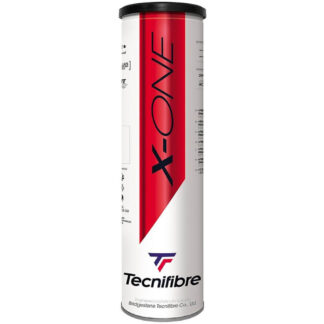 Tube with 4 tennis balls. White and red tin with Tecnifibre X-One in black writing on the can. Tecnifibre X-One tennis ball.