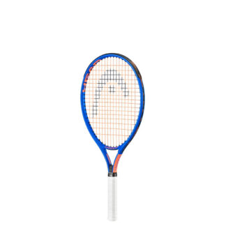 Blue and orange-ish junior tennis racquet from HEAD. Orange strings with black HEAD logo and white grip. HEAD Speed 21 inch Junior racquet.