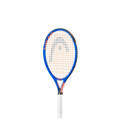 Blue and orange-ish junior tennis racquet from HEAD. Orange strings with black HEAD logo and white grip. HEAD Speed 21 inch Junior racquet.