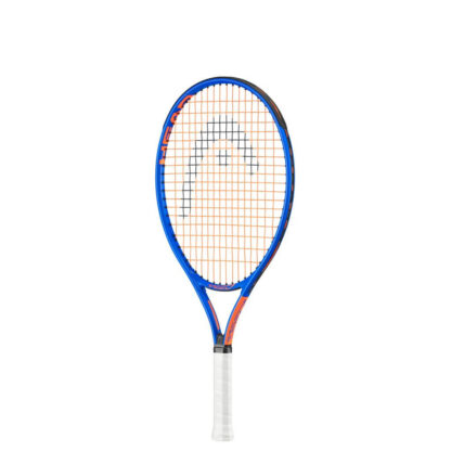 Blue and orange-ish junior tennis racquet from HEAD. Orange strings with black HEAD logo and white grip. HEAD Speed 23 inch Junior racquet.