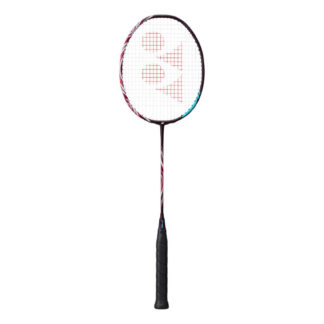 Red, white and cyan/turquoise badminton racquet from Yonex. White strings with red Yonex logo and black grip. Astrox 100ZZ written in red "glitter" writing on the cyan/turquoise part of the racquet. Yonex Astrox 100ZZ Kurenai.