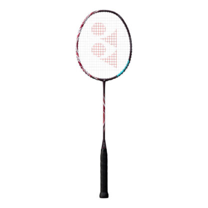 Red, white and cyan/turquoise badminton racquet from Yonex. White strings with red Yonex logo and black grip. Astrox 100 Game written in red "glitter" writing on the cyan/turquoise part of the racquet. Yonex Astrox 100 Game Kurenai.