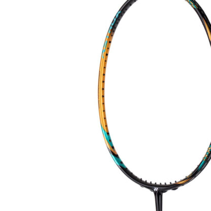 Close up of the head of black, gold and turquoise badminton racquet. Astrox in turquoise writing on the side of the frame and silver Yonex logo on the throat of the racquet. Yonex Astrox 88D Pro camel gold.
