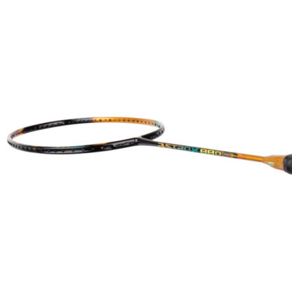 Side view of black and gold badminton racquet with turquoise details from Yonex. Astrox 88 D Pro in gold, turquoise and white writing on the side of the shaft. Black grip. Yonex Astrox 88 D Pro in Camel Gold.