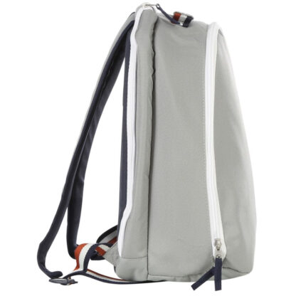 Wilson Roland Garros Grey junior backpack with blue and clay details. Side view without side pocket - as side pocket is placed on the other side of the backpack.