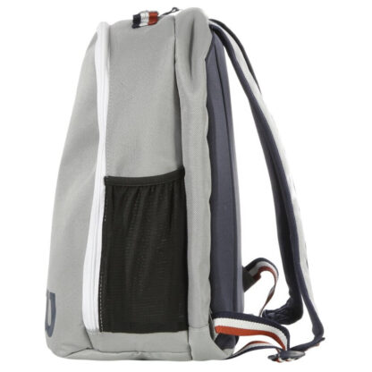 Wilson Roland Garros Grey junior backpack with blue and clay details. Side view showing side pocket (black mesh) for wather bottle.
