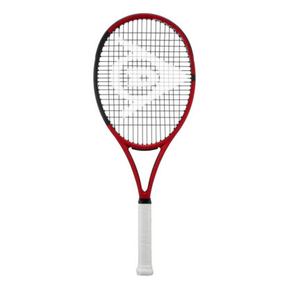 Red and black tennis racquet from Dunlop. Black strings with white Dunlop logo and white grip. Dunlop CX 400.