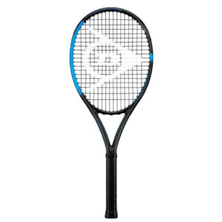 Black and blue tennis racquet from Dunlop. Black strings with white Dunlop logo and black grip. Dunlop FX 700.