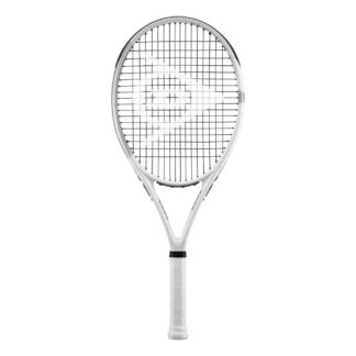 White and silver tennis racquet from Dunlop. Black strings with white Dunlop logo and white grip. Dunlop LX 800.