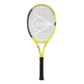 Yellow and black tennis racquet from Dunlop. Black strings with white Dunlop logo and black grip. Dunlop SX 300 Tour.