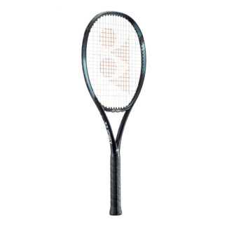 Black, light blue and dark aqua tennis racquet from Yonex. White strings with red Yonex logo and black grip. Yonex Ezone 98 Aqua Night Black.