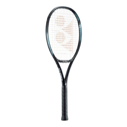 Black, light blue and dark aqua tennis racquet from Yonex. White strings with red Yonex logo and black grip. Yonex Ezone 98 Aqua Night Black.