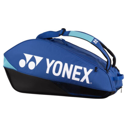 Blue racquet bag from Yonex. Racquet bag for 6 racquets. Yonex in white writing along white Yonex logo. Details in black and different shades of blue.