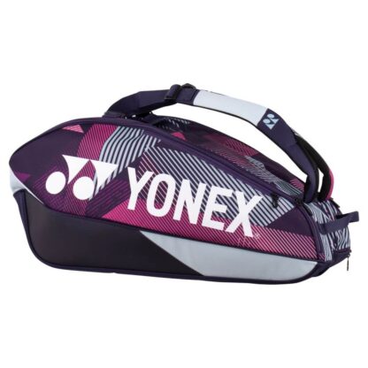 Purple racquet bag from Yonex. Racquet bag for 6 racquets. Yonex in white writing along white Yonex logo. Details in pink and different shades of purple.