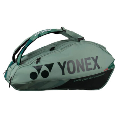 Green racquet bag from Yonex. Racquet bag for 9 racquets. Yonex in white writing along white Yonex logo. Details in red and different shades of green . Pro Performance in green writing.