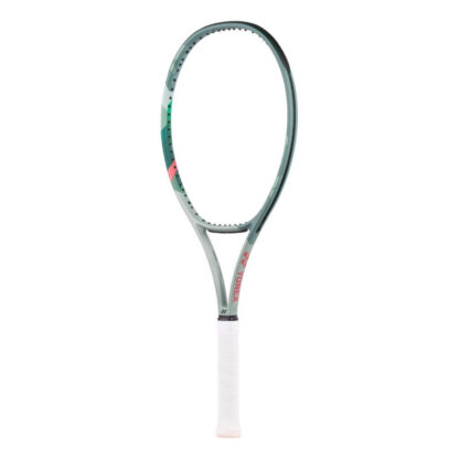 Twisted view of olive green tennis racquet from Yonex. With red details and other details in different shades of green. White grip and Yonex in red writing on the side of the throat. Yonex Percept 100L Olive Green.