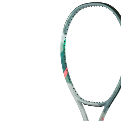 Twisted closeup view of racquet face of olive green tennis racquet from Yonex. With red details and other details in different shades of green. White grip and Yonex in red writing on the side of the throat. Yonex Percept 100L Olive Green.