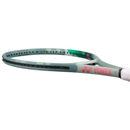 Lying view of olive green tennis racquet from Yonex. With red details and other details in different shades of green. White grip and Yonex in red writing on the side of the throat. Yonex Percept 100L Olive Green.