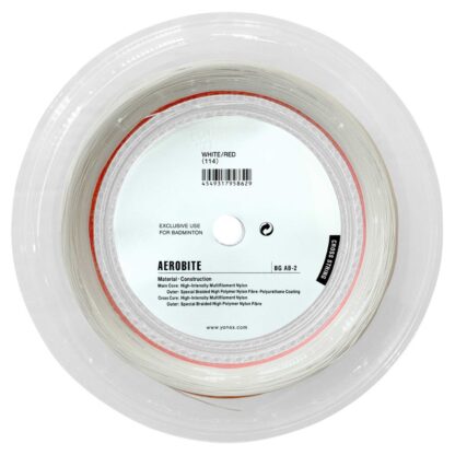 View from behind of 200 meter reel of white badminton string. Yonex Aerobite (Hybrid of Aerobite and Aerosonic).
