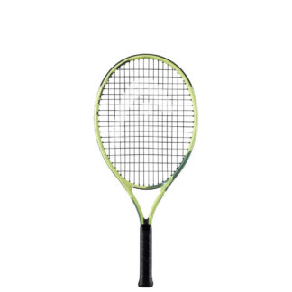 Light green and sea green tennis racquet from HEAD. Black strings with white HEAD logo. Black grip. HEAD Extreme Jr. 23.