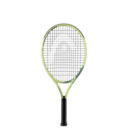 Light green and sea green tennis racquet from HEAD. Black strings with white HEAD logo. Black grip. HEAD Extreme Jr. 23.