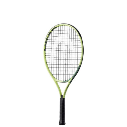 Side view of light green and sea green tennis racquet from HEAD. Black strings with white HEAD logo. Black grip. HEAD Extreme Jr. 23.