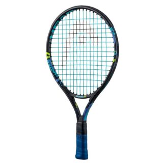 Black and blue tennis racquet from HEAD. Blue strings with black HEAD logo. Black and blue grip. HEAD Novak 17.