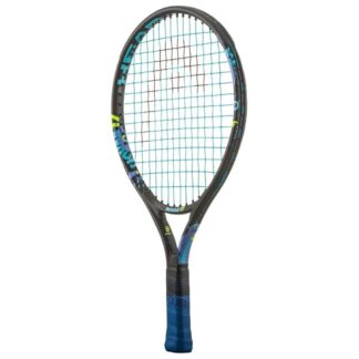 Side view of black and blue tennis racquet from HEAD. Blue strings with black HEAD logo. Black and blue grip. HEAD Novak 17.