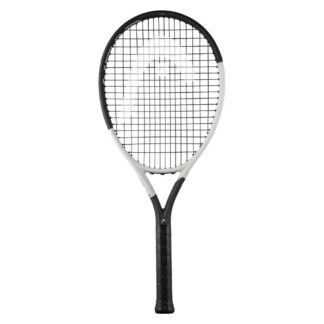 White and black tennis racquet from HEAD. Black strings with white HEAD logo. White grip. HEAD Speed PWR (Power) 2024.