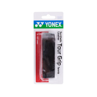 A pack of black replacement grip for tennis and badminton. Yonex Synthetic Leather Tour Grip in black.