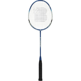 Blue junior badminton racquet with black and white details. White strings and black replacement grip. Yonex B Junior in blue.