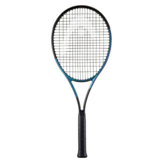 Black and blue pearlescent tennis racquet from HEAD. Black strings with white HEAD logo and black grip. HEAD Gravity MP Auxetic 2025.