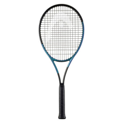 Black and blue pearlescent tennis racquet from HEAD. Black strings with white HEAD logo and black grip. HEAD Gravity MP Auxetic 2025.