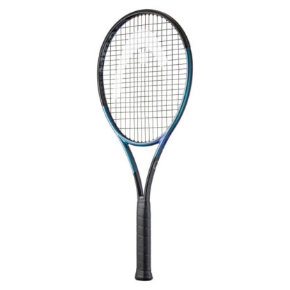 Side view of black and blue pearlescent tennis racquet from HEAD. Black strings with white HEAD logo and black grip. HEAD Gravity MP Auxetic 2025.