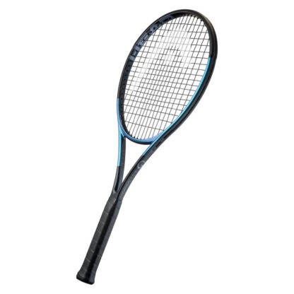 Side view of black and blue pearlescent tennis racquet from HEAD. Black strings with white HEAD logo and black grip. HEAD Gravity MP Auxetic 2025.
