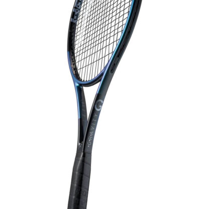 Side view of black and blue pearlescent tennis racquet from HEAD. Black strings with white HEAD logo and black grip. HEAD Gravity MP Auxetic 2025.