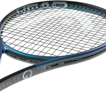 Side view of black and blue pearlescent tennis racquet from HEAD. Black strings with white HEAD logo and black grip. Gravity in grey silver writing on the side and HEAD in grey silver writing inside the beam. HEAD Gravity MP Auxetic 2025.