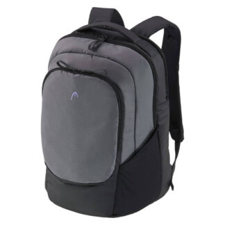 Black and grey backpack from HEAD. With small purple HEAD logo on the front. Adjustable shoulder straps in grey. Multiple compartments.
