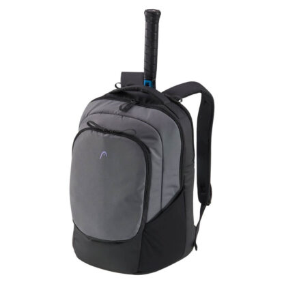 Black and grey backpack from HEAD. With small purple HEAD logo on the front. Adjustable shoulder straps in grey. Multiple compartments. Shown with racquet in the back of the bag.