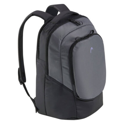 Side view of black and grey backpack from HEAD. With small purple HEAD logo on the front. Adjustable shoulder straps in grey. Multiple compartments.